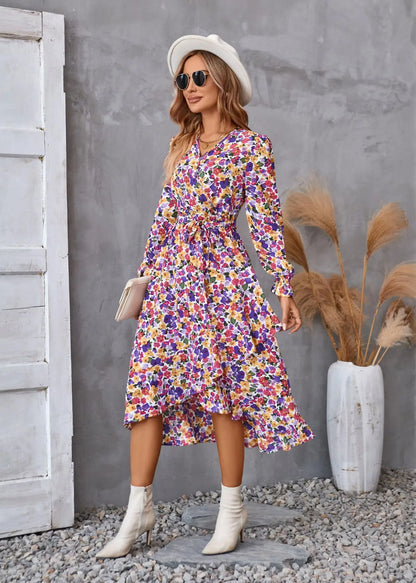 EtherealBe Boho Dress Patel Design for Women in Vibrant Floral Pattern with Long Sleeves and Waist Tie