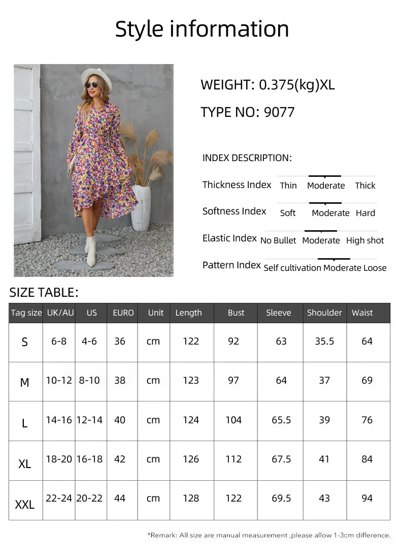 EtherealBe Boho Dress Patel Design for Women in Floral Print with Long Sleeves and Loose Fit