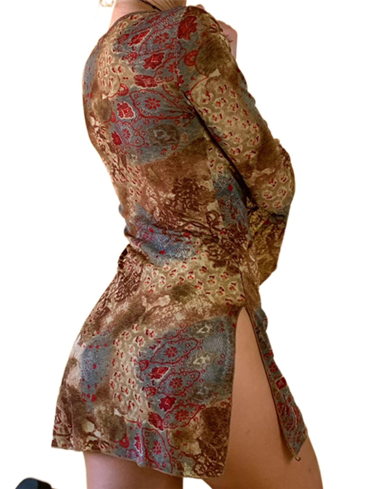 EtherealBe paisley print mini dress with long flare sleeves side thigh slit perfect for fall flare sleeve autumn dresses women