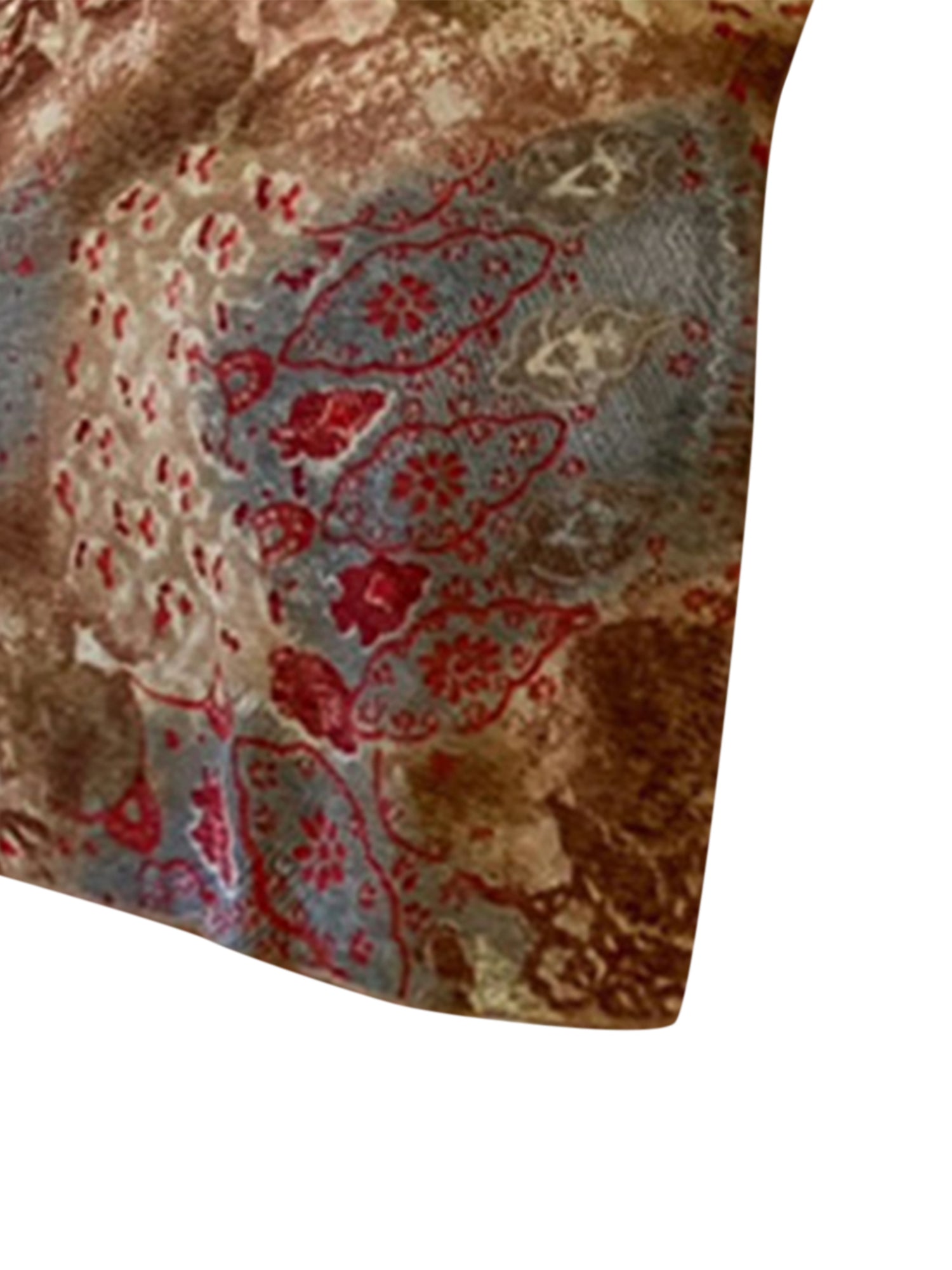 Close up of EtherealBe boho flare sleeve autumn dresses women showing paisley floral print in brown red and blue tones
