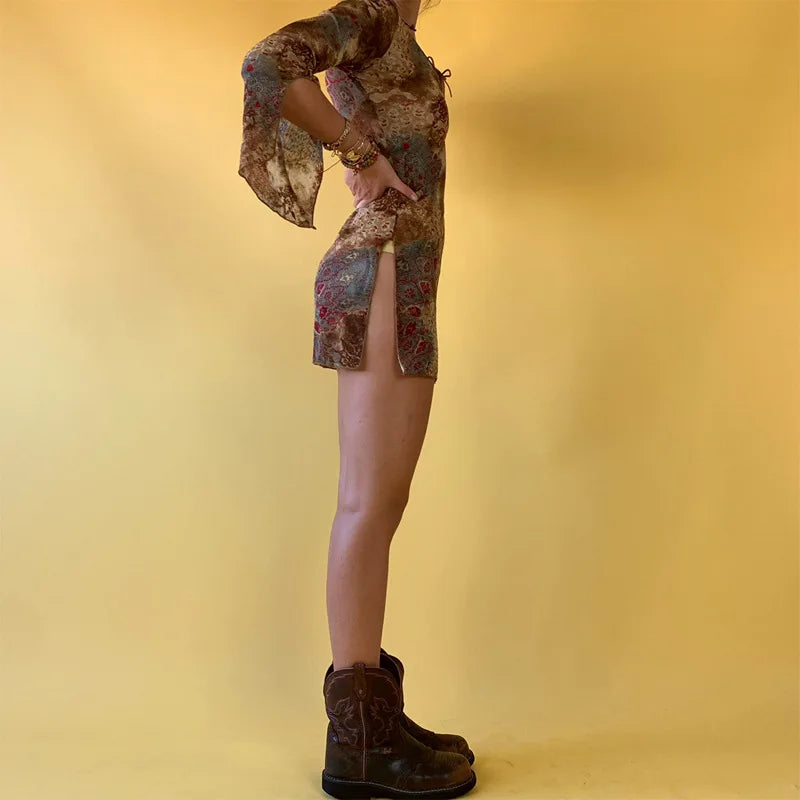 Model in EtherealBe floral mini dress with side slit and flared bell sleeves with brown boots flare sleeve autumn dresses women