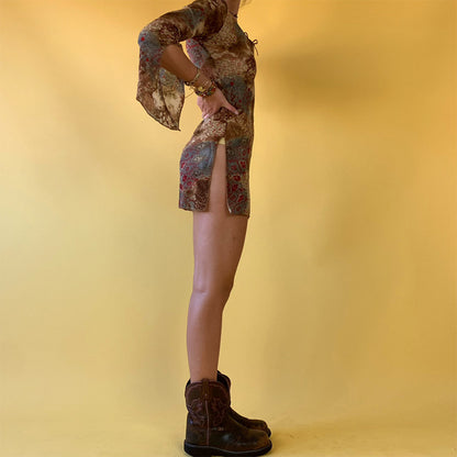 EtherealBe floral mini dress with flare sleeve autumn dresses women side view with high slit and cowboy boots