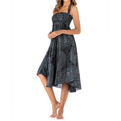 EtherealBe boho midi skirt with elastic waistband in a stylish black and blue design