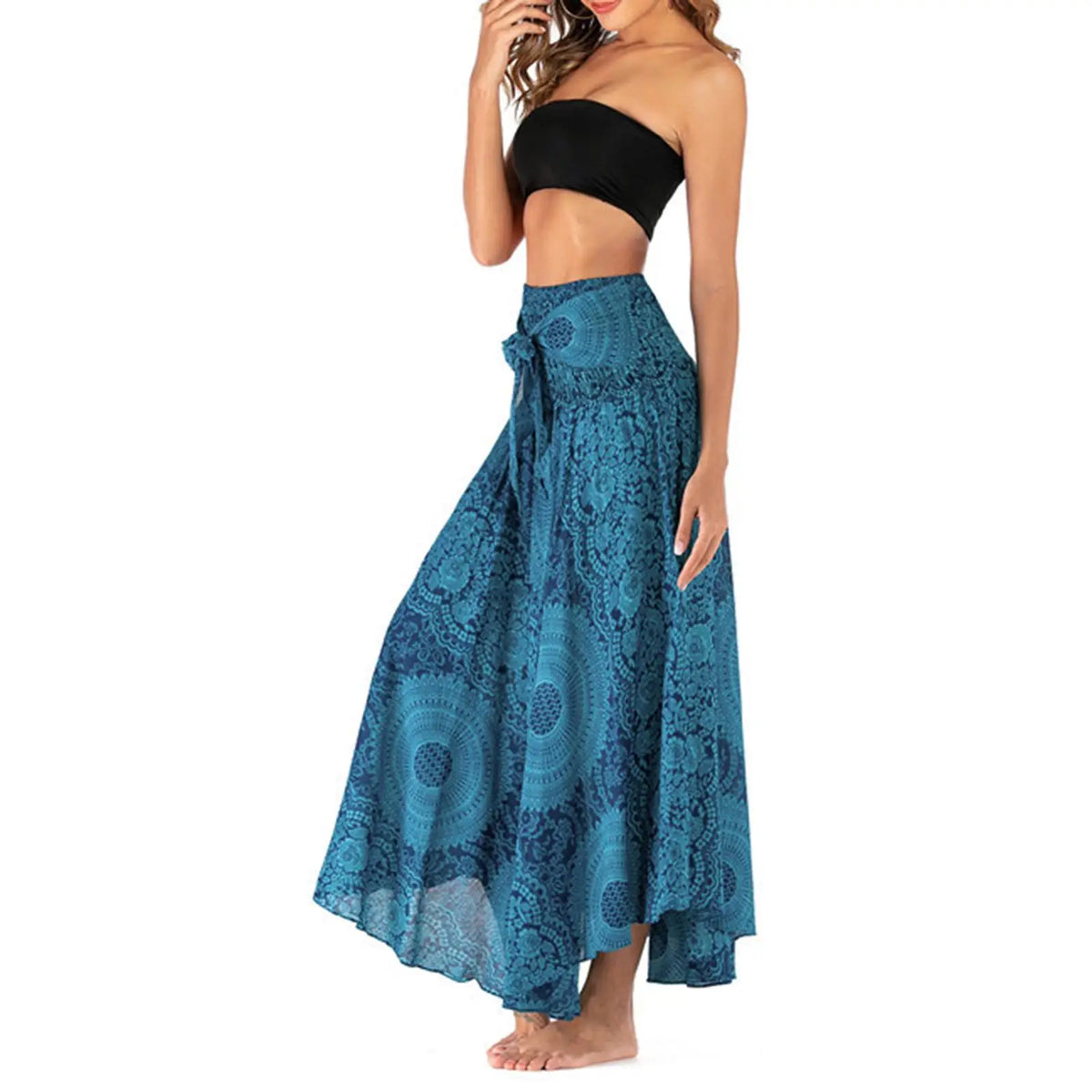 EtherealBe boho midi skirt with elastic waistband in blue lace design for a stylish summer look
