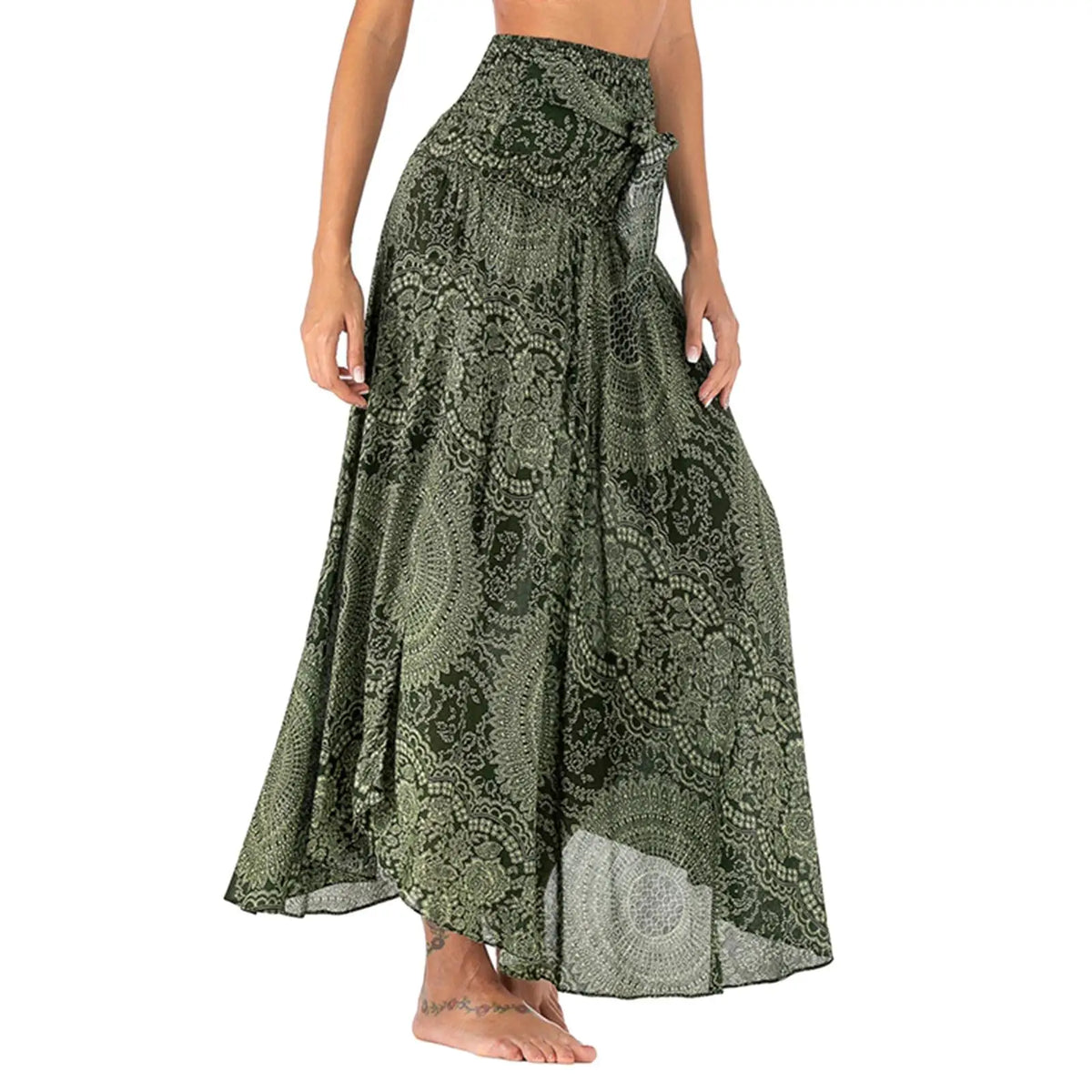 EtherealBe boho midi skirt with elastic waistband in green floral print, perfect for casual or beach wear