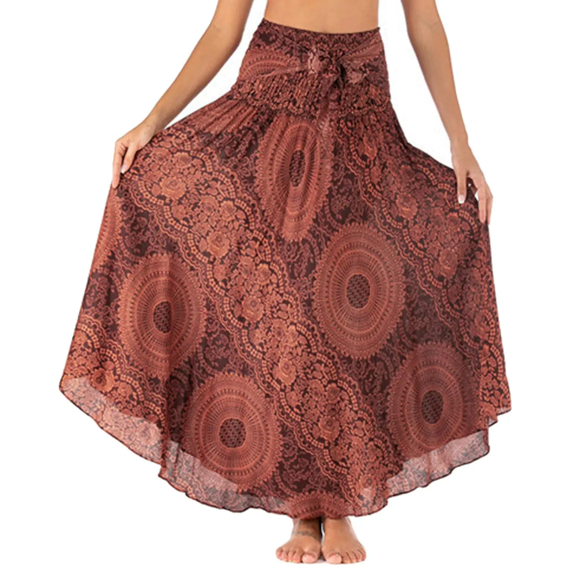 EtherealBe boho midi skirt with elastic waistband in rust color featuring intricate lace patterns