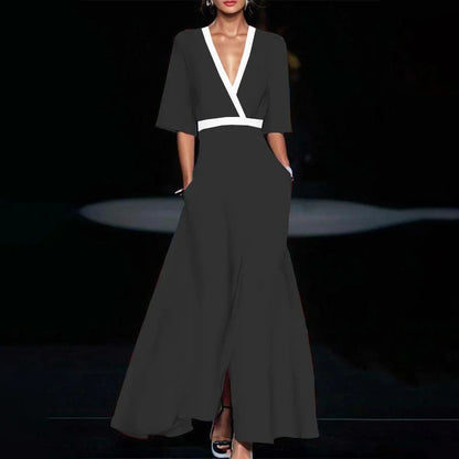 EtherealBe boho v neck maxi dress with pockets in black featuring a white belt detail
