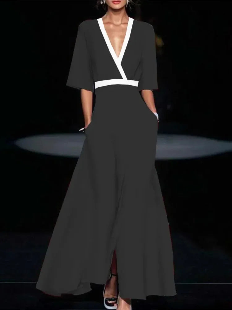 EtherealBe boho v neck maxi dress with pockets in black featuring stylish split and waist detailing