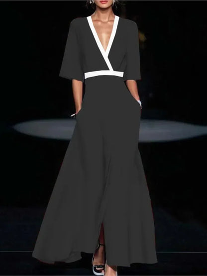 EtherealBe boho v neck maxi dress with pockets in black featuring stylish split and waist detailing