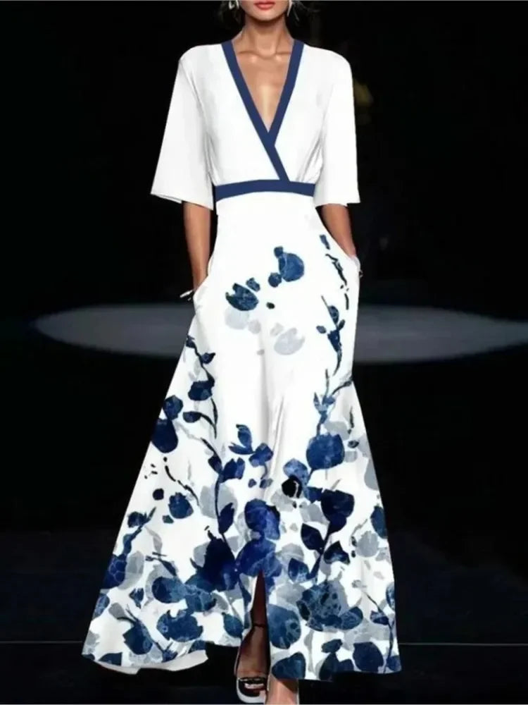 EtherealBe boho v neck maxi dress with pockets featuring a floral design in white and blue