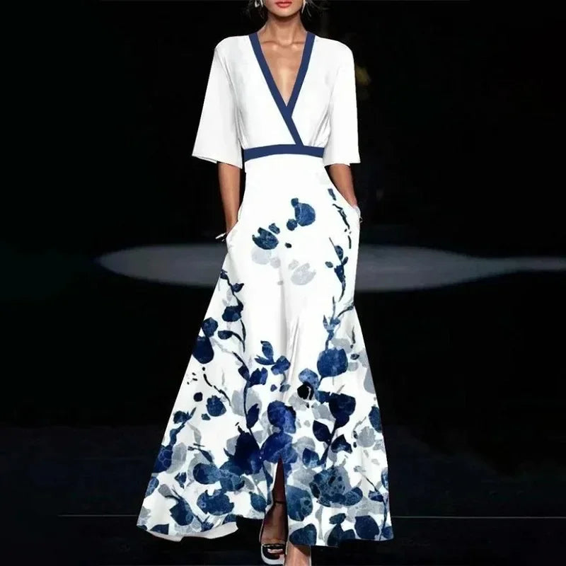 EtherealBe Boho V Neck Maxi Dress with Pockets in White and Blue Floral Design