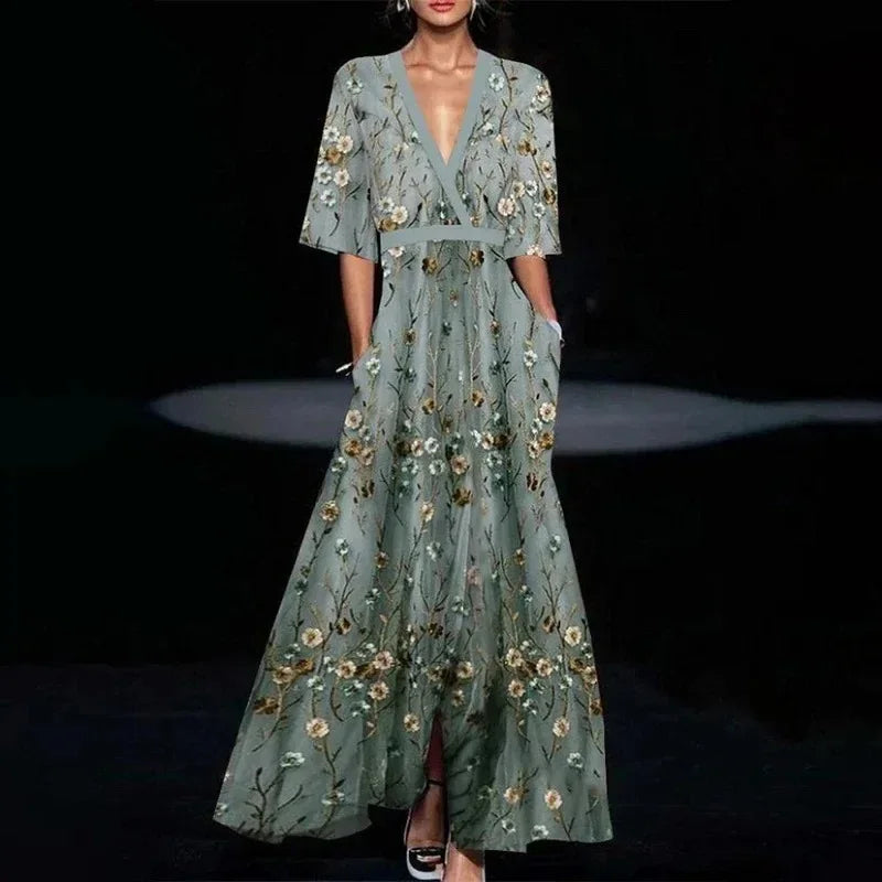 EtherealBe boho v neck maxi dress with pockets featuring floral embroidery and flowing design