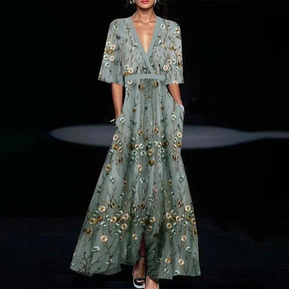 EtherealBe boho v neck maxi dress with pockets featuring floral embroidery and flowing fabric