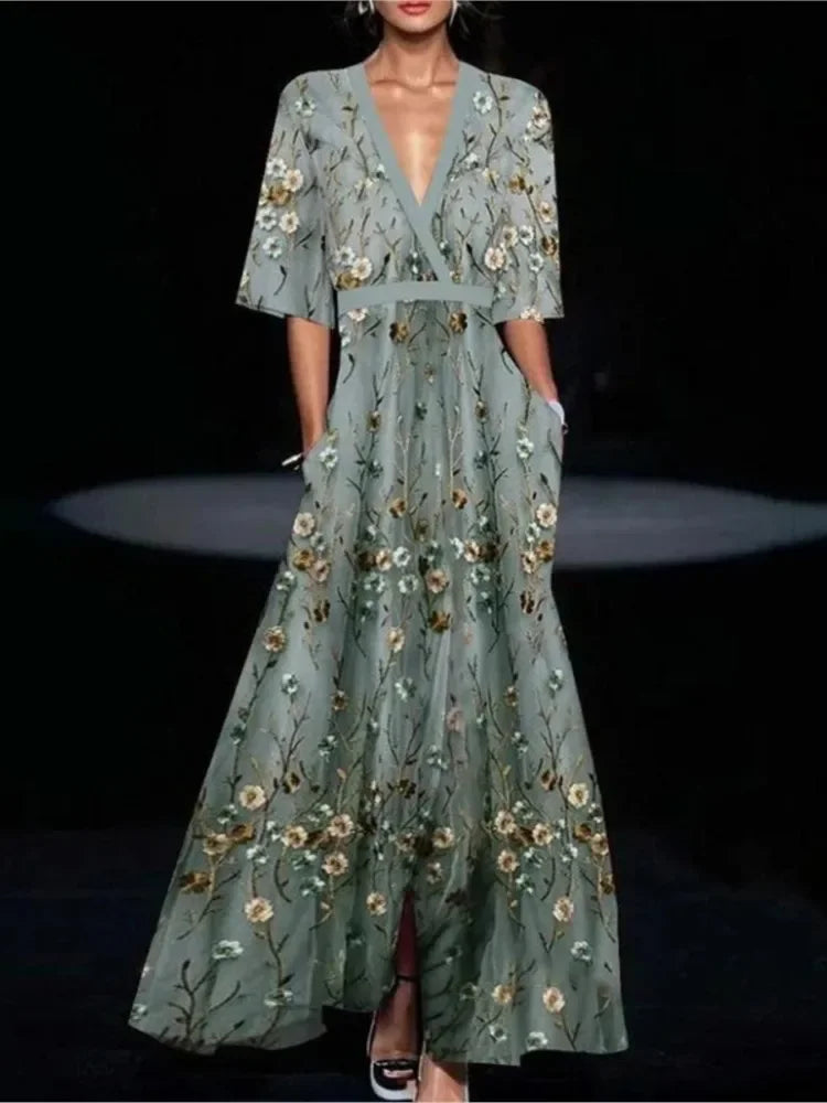 EtherealBe boho v neck maxi dress with pockets in green floral pattern, featuring loose sleeves and elegant flow.