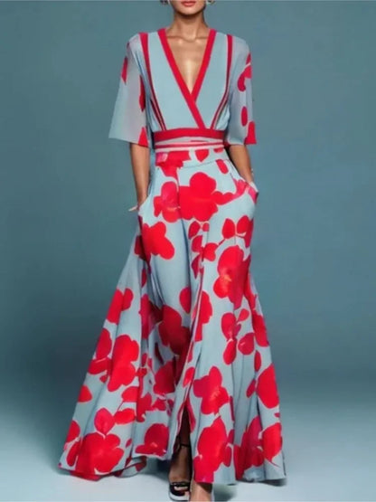 EtherealBe boho v neck maxi dress with pockets in blue and red floral pattern for stylish summer wear