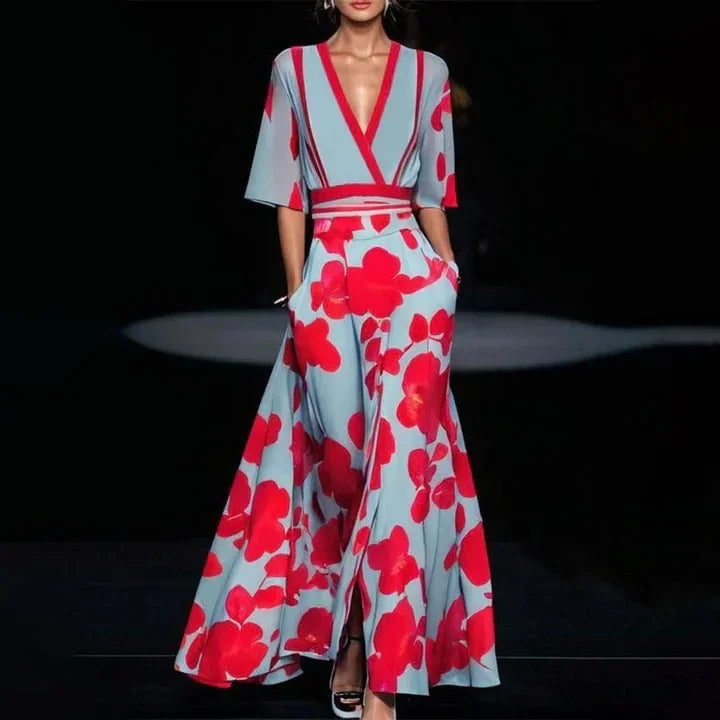 EtherealBe boho v neck maxi dress with pockets featuring a floral pattern and flowy silhouette