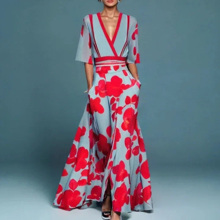 EtherealBe boho v neck maxi dress with pockets in floral design, perfect for summer occasions