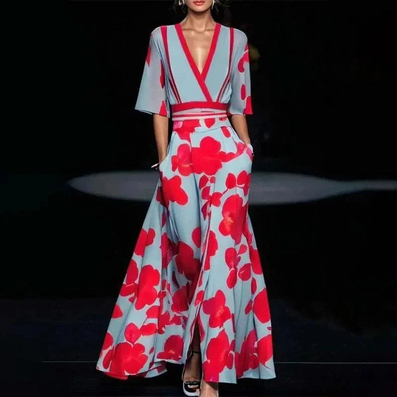 EtherealBe boho v neck maxi dress with pockets featuring a vibrant floral pattern and flowing silhouette