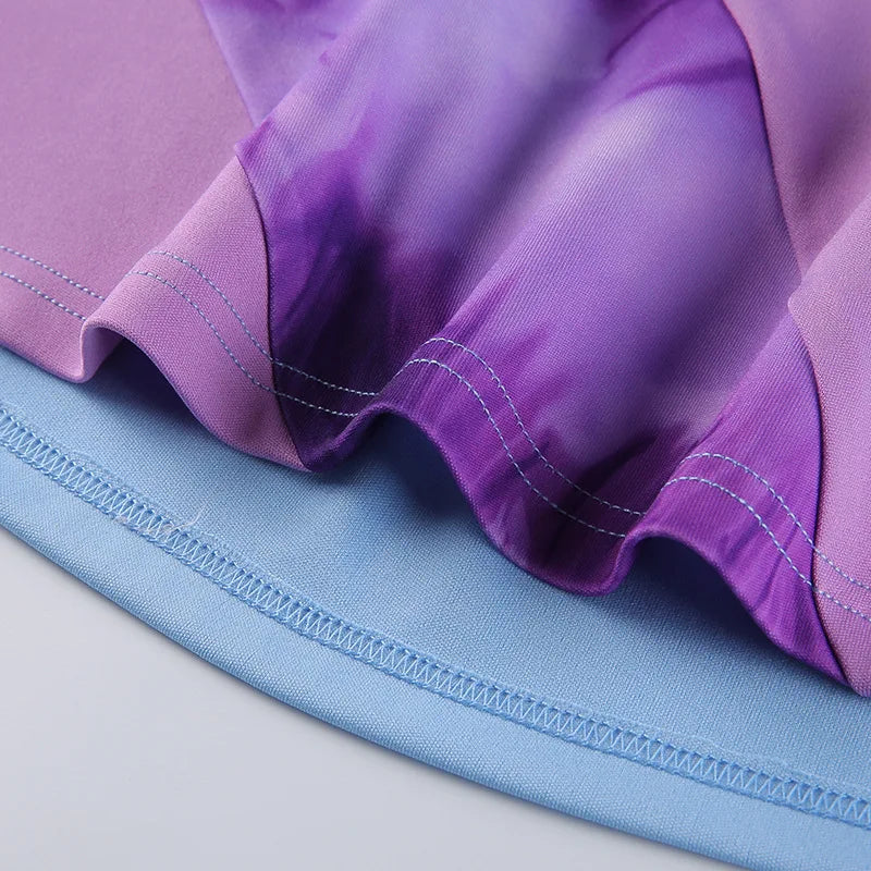 EtherealBe purple and blue hem close up of fitted strap party dress for women showing ruffled edge and stitching