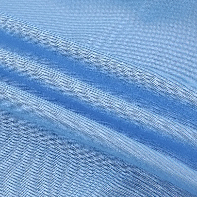 EtherealBe light blue fabric close up showing smooth stretch texture for fitted strap party dress for women