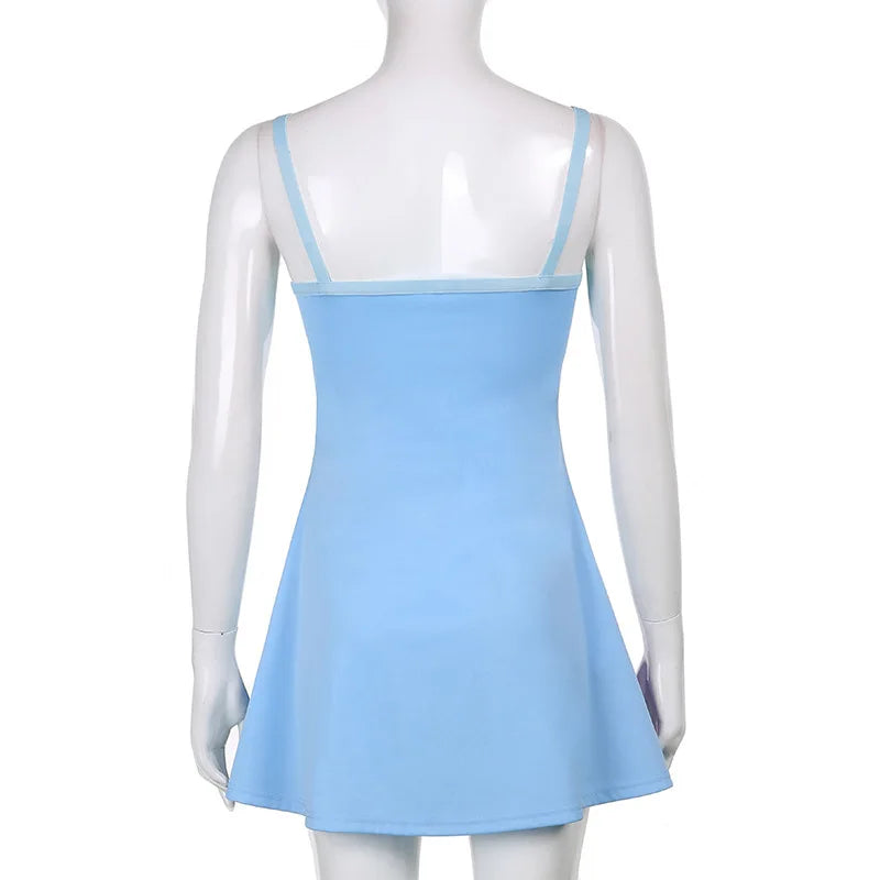 Back view of light blue skater dress on mannequin with thin straps fitted strap party dress for women