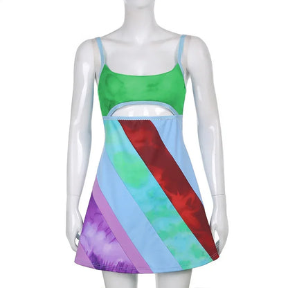 EtherealBe fitted strap party dress for women with green bodice cutout multicolor diagonal panels mini