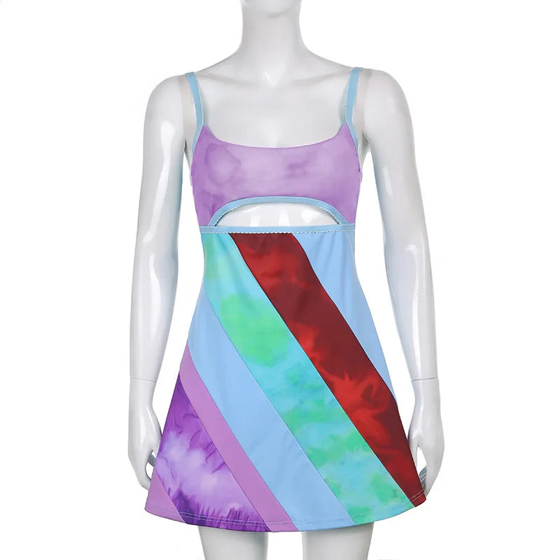 EtherealBe fitted strap party dress for women multicolor diagonal stripes cutout A line mini dress on mannequin