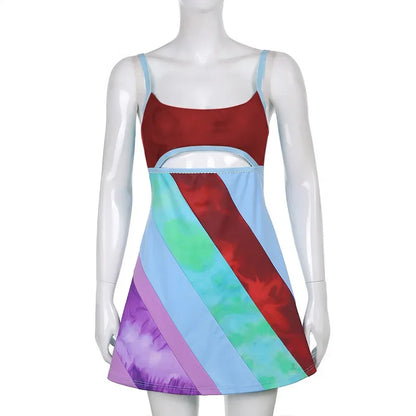 EtherealBe fitted strap party dress for women with scoop neckline underbust cutout and multicolor diagonal panels