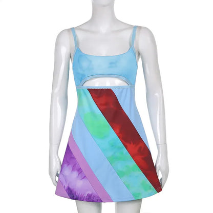 EtherealBe light blue A line mini dress with diagonal tie dye stripes cutout and thin straps fitted strap party dress for women