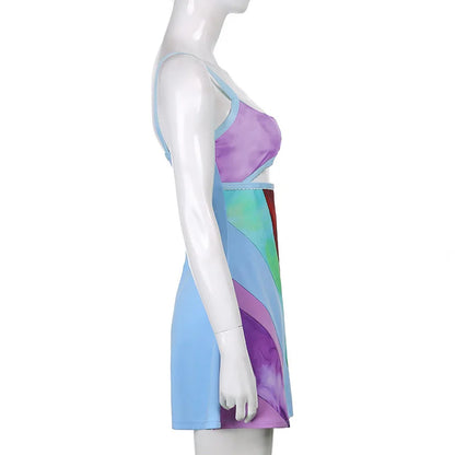 EtherealBe colorful abstract mini fitted strap party dress for women side profile on mannequin