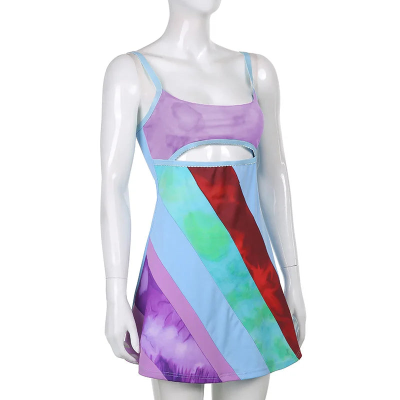 EtherealBe fitted strap party dress for women multicolor mini dress with underbust cutout and diagonal panels
