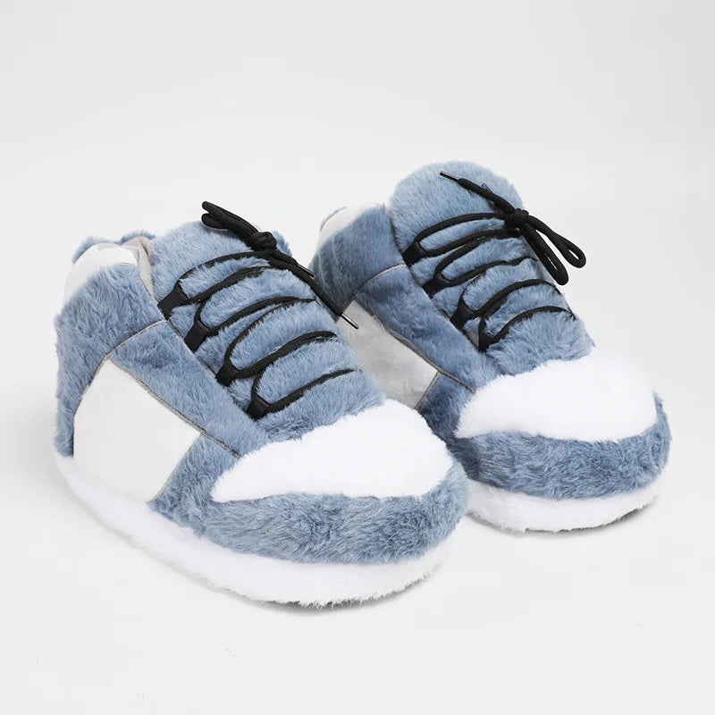 EtherealBe bread foam sneakers slippers in blue with fluffy exterior and laces for cozy indoor wear