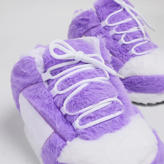 Fluffy purple bread foam sneakers slippers designed for cozy comfort at home