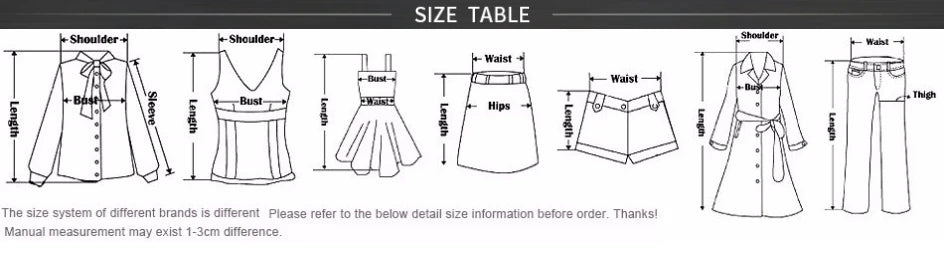 Size table for women's clothing, including measurements for breathable shapewear underwear for women