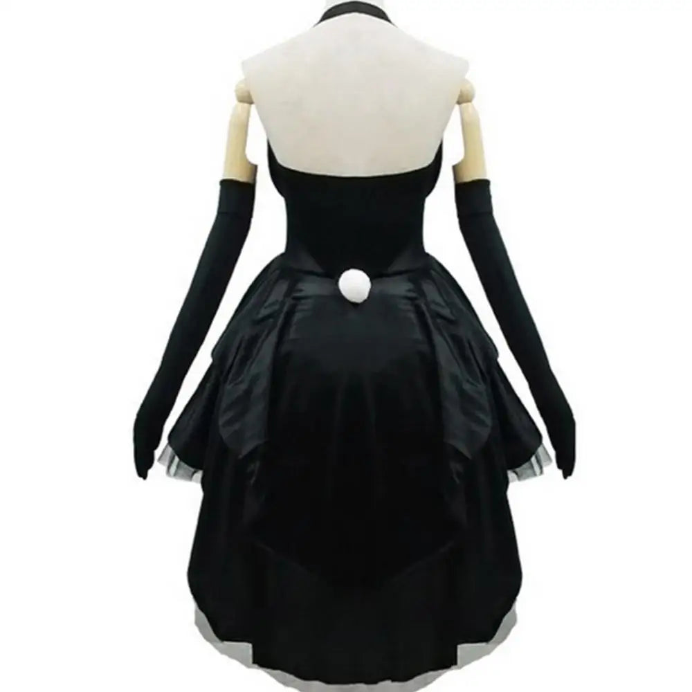 Back view of the bunny tuxedo Halloween cosplay costume with black dress and white tail