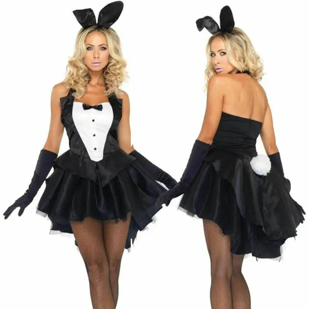 Bunny tuxedo Halloween cosplay costume with elegant black and white design, featuring bow tie and ears