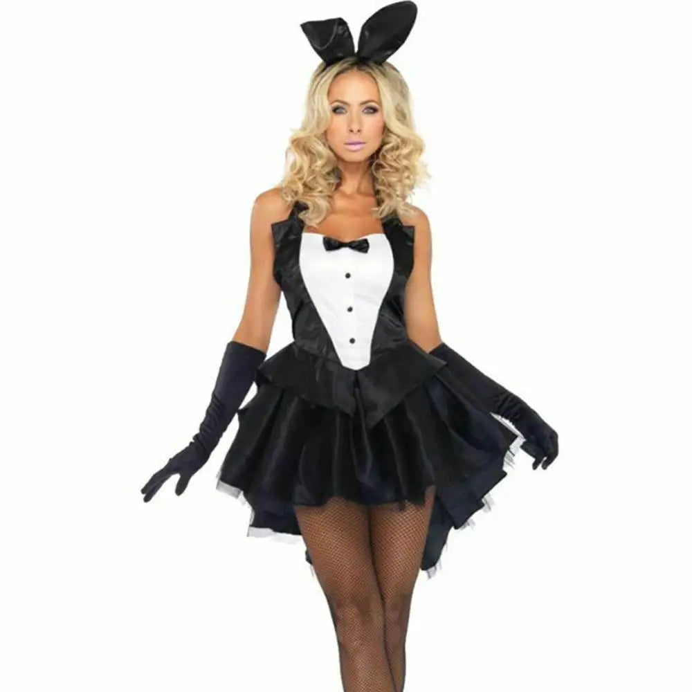 EtherealBe bunny tuxedo Halloween cosplay costume featuring a black and white dress with bunny ears