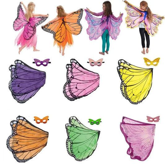 Kids wearing butterfly elf stage costume for kids with colorful wings and masks in various styles
