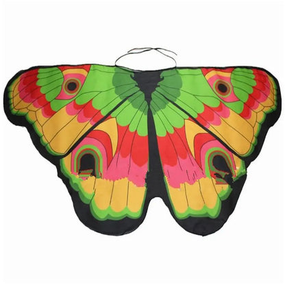 Colorful butterfly elf stage costume for kids with vibrant wings in green, yellow, and red