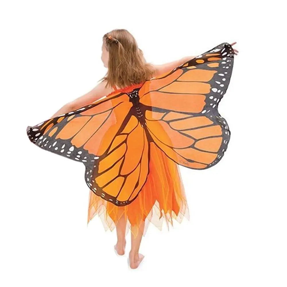 Butterfly elf stage costume for kids featuring vibrant orange wings and a flowing skirt