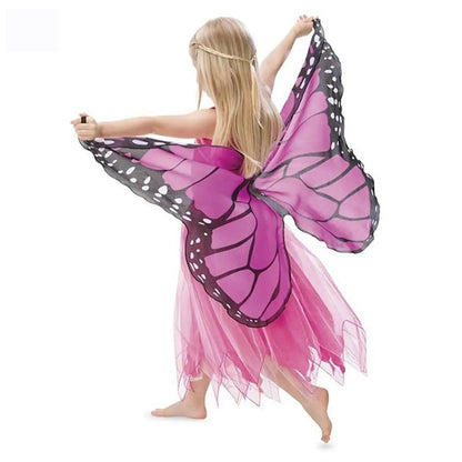 Girls wearing a butterfly elf stage costume for kids with vibrant wings and a pink dress