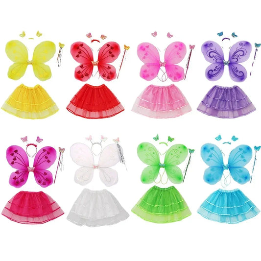 Colorful butterfly princess costume for kids featuring wings and layered skirts in various colors