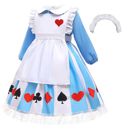 Blue and white kids Alice in Wonderland costume with heart patch card suit skirt and lace headband