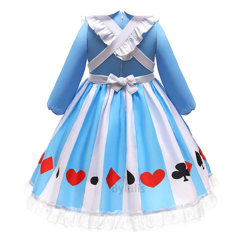 EtherealBe kids Alice in Wonderland costume blue striped long sleeve dress with crossback ruffles card suit print