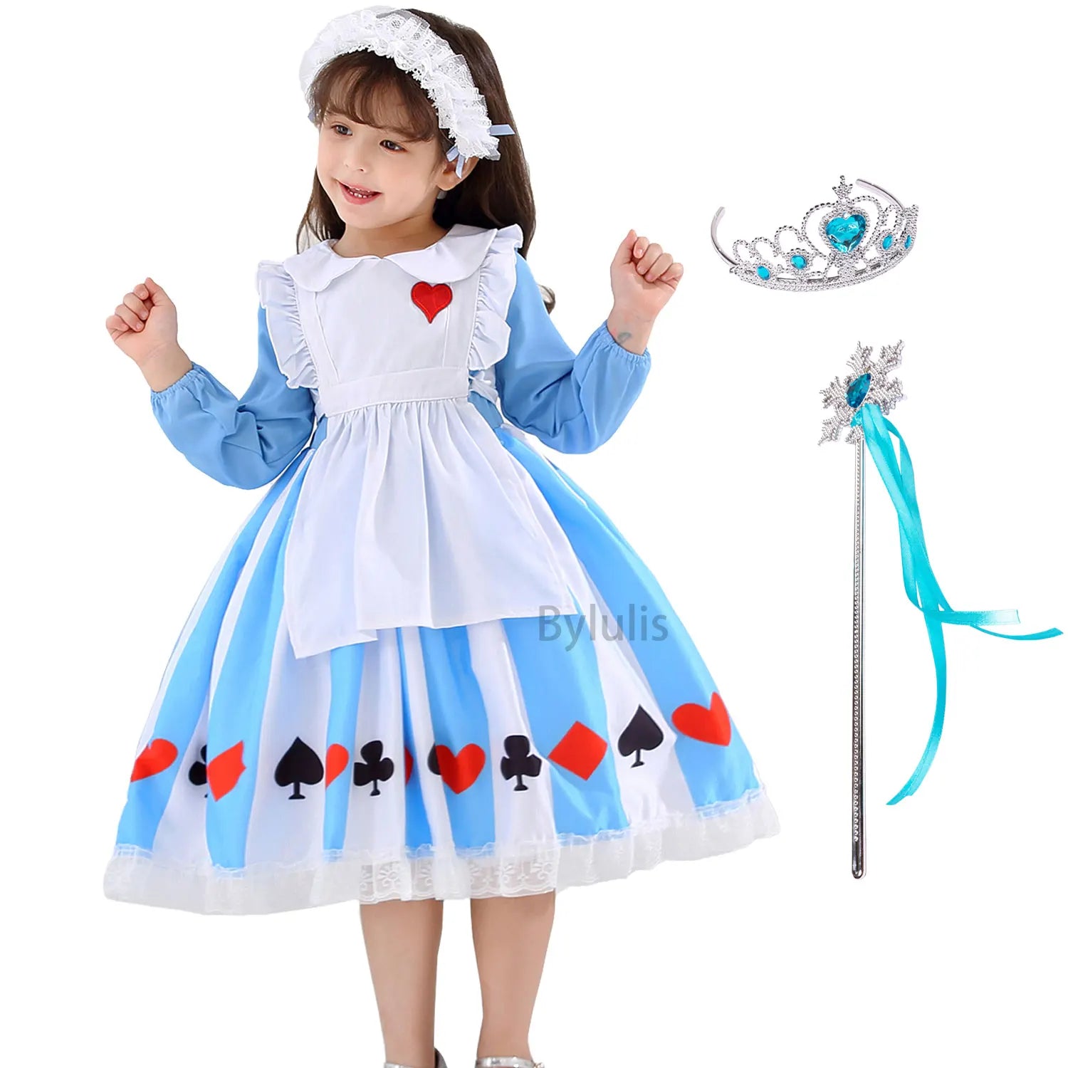 kids Alice in Wonderland costume blue dress with white apron card suit print lace headband tiara wand