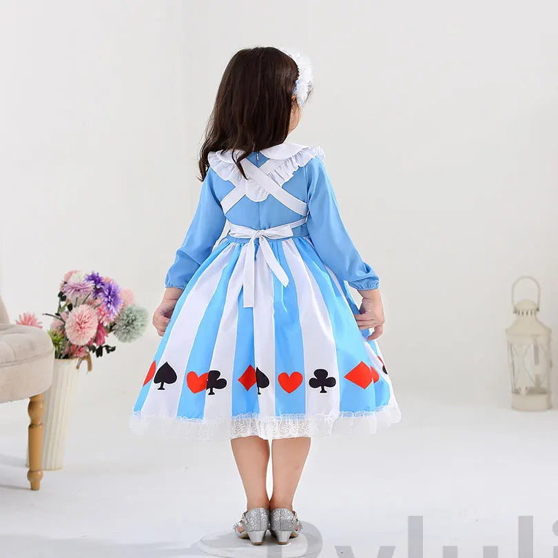 kids Alice in Wonderland costume back view blue and white dress with apron cross straps playing card suit hem
