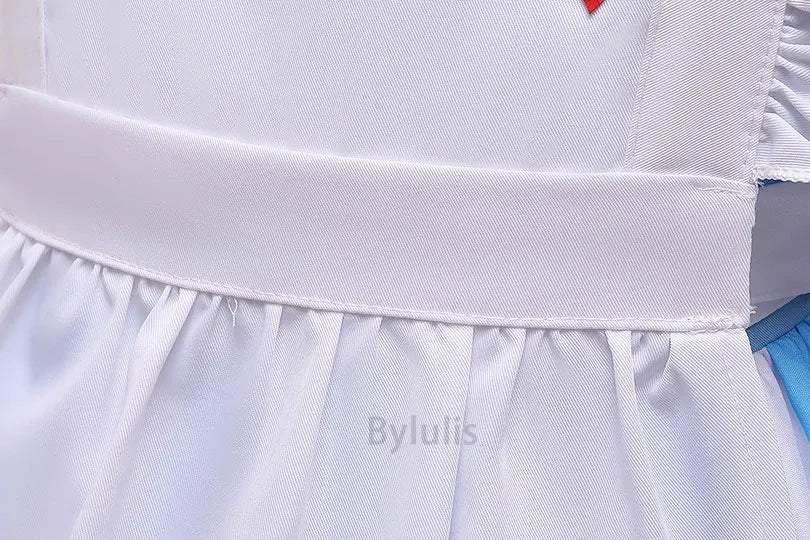 kids Alice in Wonderland costume white apron closeup showing gathered skirt and waistband on blue dress