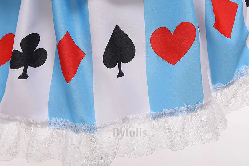 kids Alice in Wonderland costume blue and white striped dress hem with card suit prints and lace trim