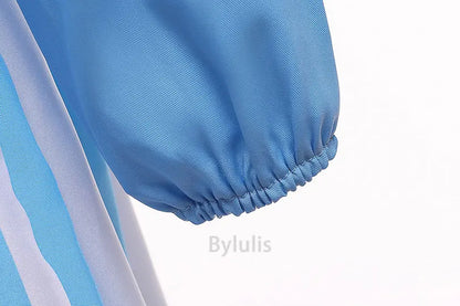 Close up of blue puff sleeve with elastic cuff on kids Alice in Wonderland costume showing fabric detail