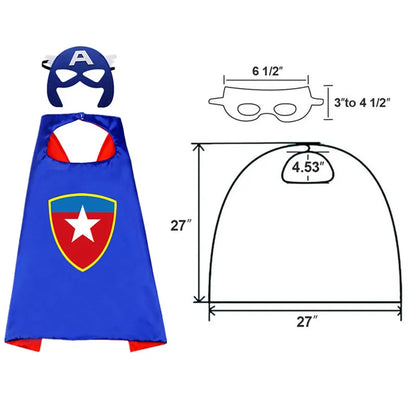 EtherealBe Captain America costume for kids featuring a blue cape and mask with adjustable dimensions